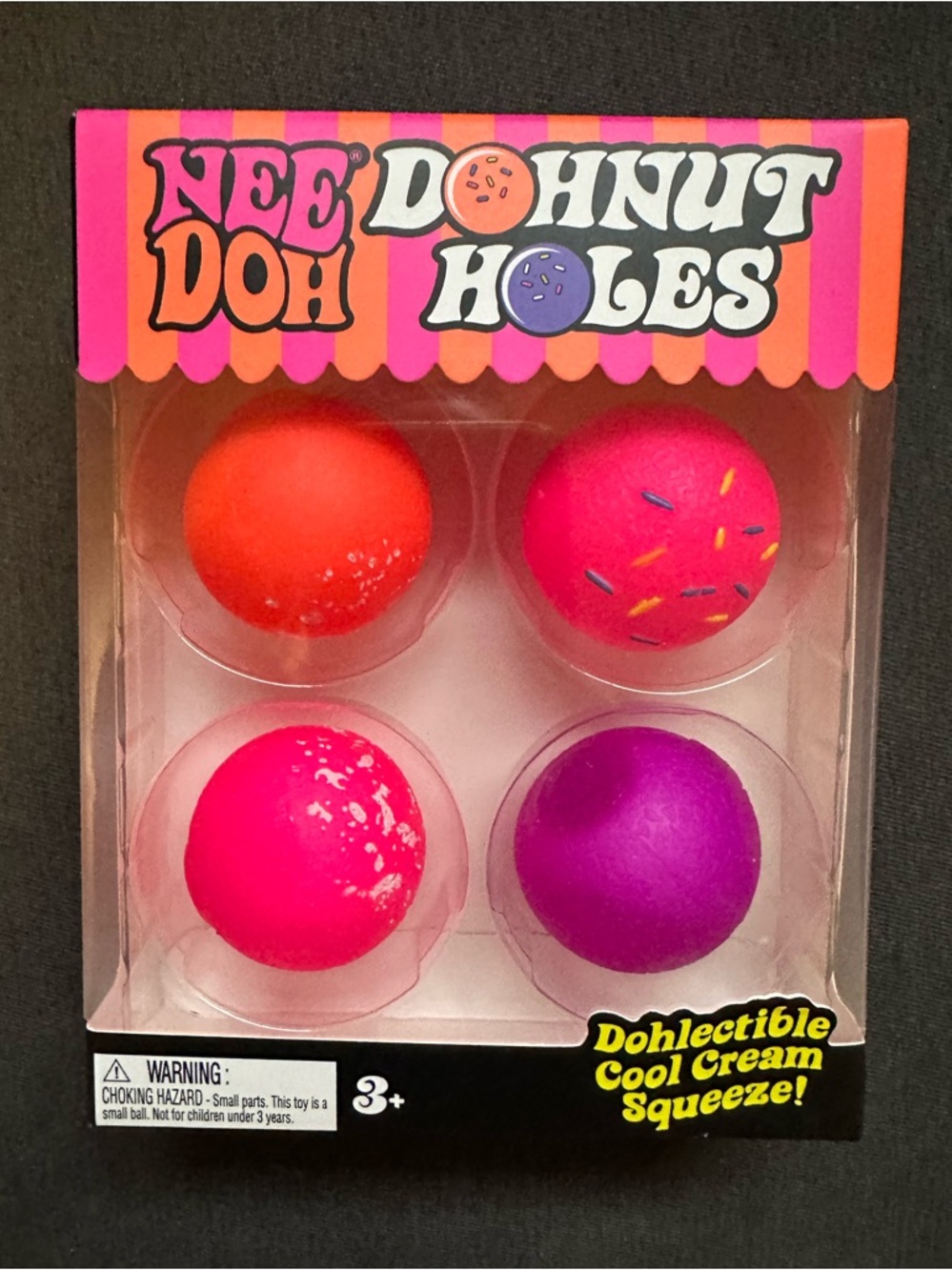 NeeDoh Donut Holes Squishy Four Pack - Bright Pink, Orange & Purple NIB